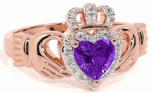 Diamond Amethyst Rose Gold Silver Claddagh Ring