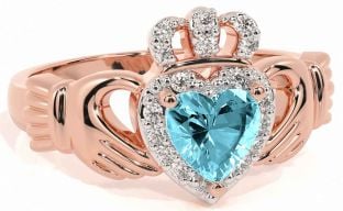 Diamond Aquamarine Rose Gold Silver Claddagh Ring