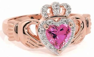 Diamond Pink Tourmaline Rose Gold Silver Claddagh Ring