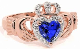 Diamond Sapphire Rose Gold Silver Claddagh Ring