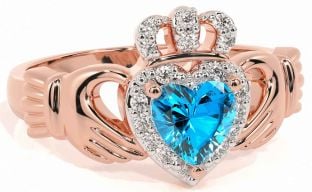 Diamond Topaz Rose Gold Silver Claddagh Ring