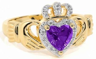 Diamond Amethyst Gold Silver Claddagh Ring