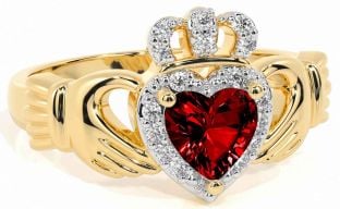 Diamond Garnet Gold Silver Claddagh Ring