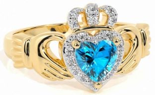 Diamond Topaz Gold Silver Claddagh Ring