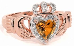 Diamond Citrine Rose Gold Claddagh Ring