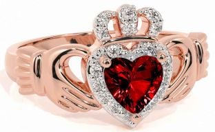 Diamond Garnet Rose Gold Claddagh Ring