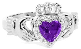 Diamond Amethyst Silver Claddagh Ring