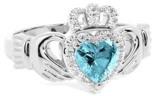 Diamond Aquamarine Silver Claddagh Ring