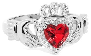 Diamond Ruby Silver Claddagh Ring