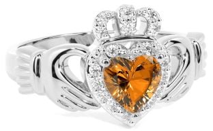 Diamond Citrine White Gold Claddagh Ring