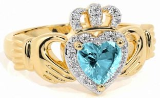 Diamond Aquamarine Gold Claddagh Ring