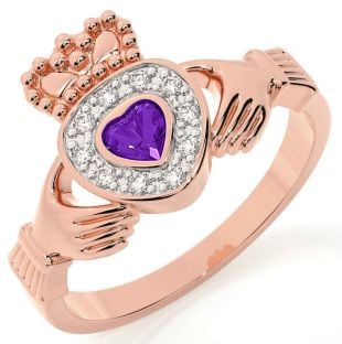 Diamond Amethyst Rose Gold Silver Claddagh Ring