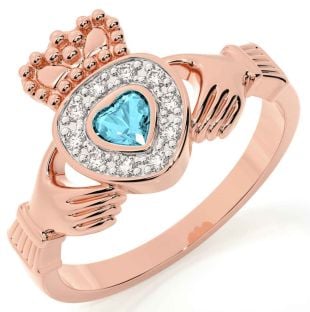 Diamond Aquamarine Rose Gold Silver Claddagh Ring