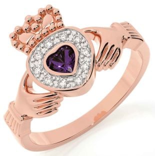 Diamond Alexandrite Rose Gold Silver Claddagh Ring