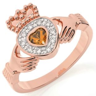 Diamond Citrine Rose Gold Silver Claddagh Ring