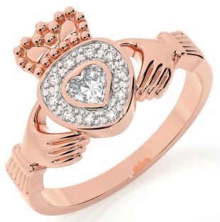 Diamond Rose Gold Silver Claddagh Ring