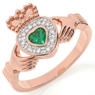 Diamond Emerald Rose Gold Silver Claddagh Ring