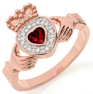 Diamond Garnet Rose Gold Silver Claddagh Ring