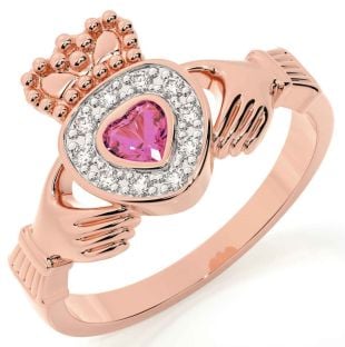 Diamond Pink Tourmaline Rose Gold Silver Claddagh Ring