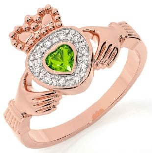 Diamond Peridot Rose Gold Silver Claddagh Ring