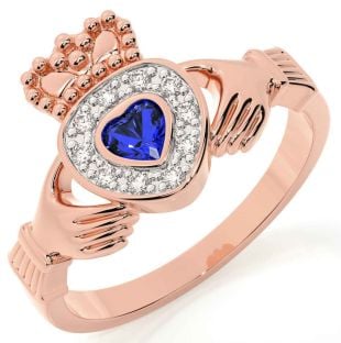 Diamond Sapphire Rose Gold Silver Claddagh Ring