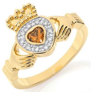 Diamond Citrine Gold Silver Claddagh Ring