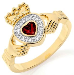 Diamond Garnet Gold Silver Claddagh Ring