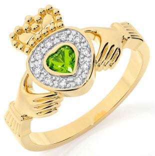 Diamond Peridot Gold Silver Claddagh Ring