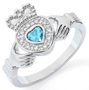 Diamond Aquamarine Silver Claddagh Ring