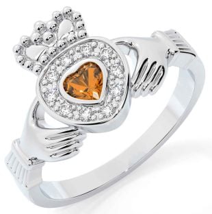 Diamond Citrine Silver Claddagh Ring