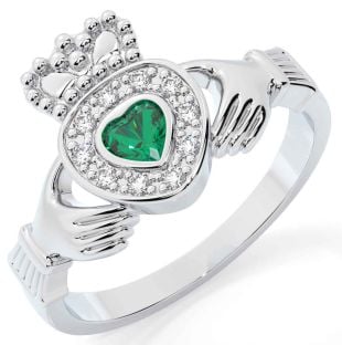 Diamond Emerald Silver Claddagh Ring