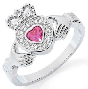 Diamond Pink Tourmaline Silver Claddagh Ring