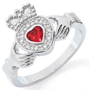 Diamond Ruby Silver Claddagh Ring