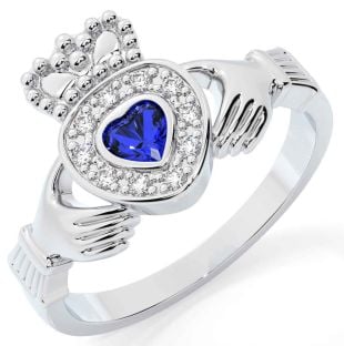 Diamond Sapphire Silver Claddagh Ring