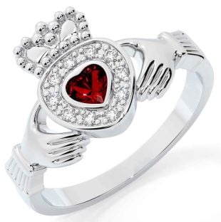 Diamond Garnet White Gold Claddagh Ring