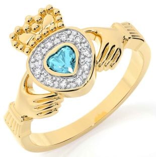 Diamond Aquamarine Gold Claddagh Ring