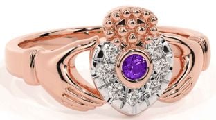 Diamond Amethyst Rose Gold Silver Claddagh Ring