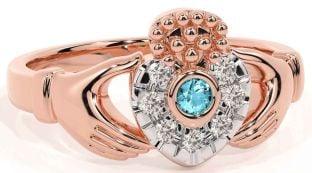 Diamond Aquamarine Rose Gold Silver Claddagh Ring