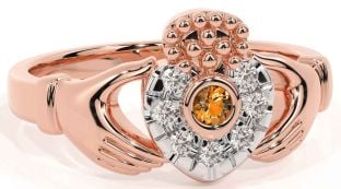 Diamond Citrine Rose Gold Silver Claddagh Ring