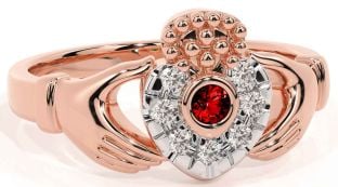 Diamond Garnet Rose Gold Silver Claddagh Ring