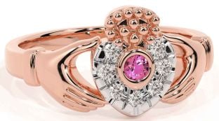 Diamond Pink Tourmaline Rose Gold Silver Claddagh Ring