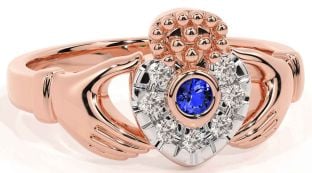 Diamond Sapphire Rose Gold Silver Claddagh Ring