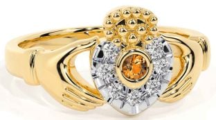 Diamond Citrine Gold Silver Claddagh Ring