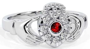 Diamond Garnet Silver Claddagh Ring