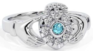 Diamond Aquamarine White Gold Claddagh Ring