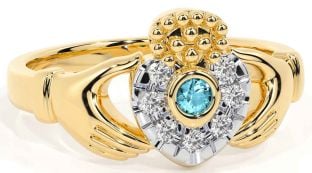 Diamond Aquamarine Gold Claddagh Ring