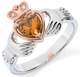 Diamond Citrine Rose Gold Silver Claddagh Ring