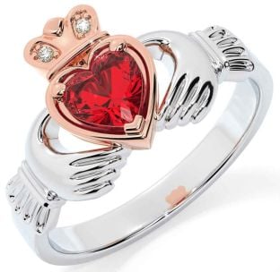 Diamond Ruby Rose Gold Silver Claddagh Ring