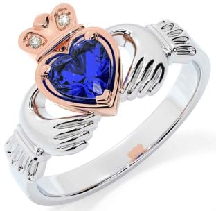 Diamond Sapphire Rose Gold Silver Claddagh Ring