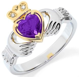 Diamond Amethyst Gold Silver Claddagh Ring